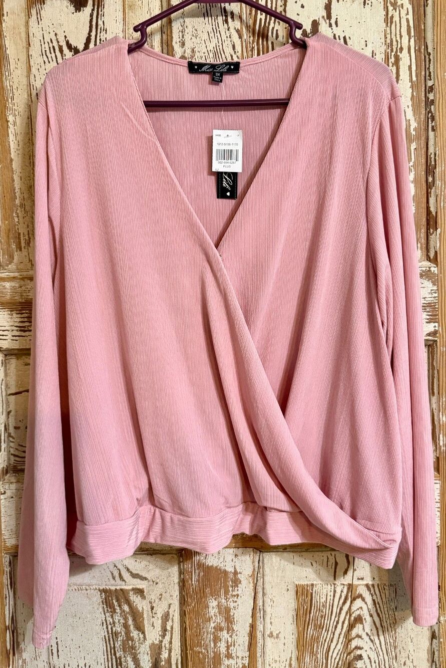 Miss Lili V-neck Wrap Style Long Sleeve Blouse - Pink - Size 3X
